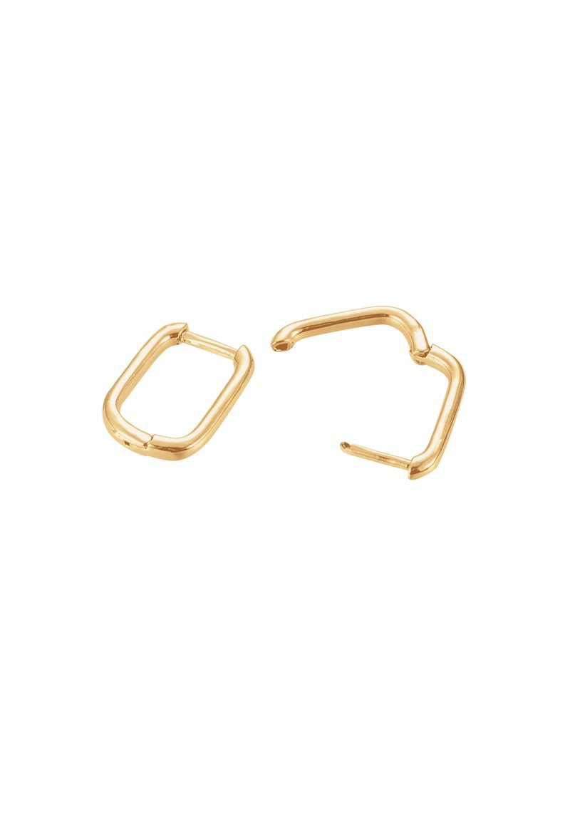 Deux petites boucles d'oreilles rectangulaires fines en or avec bords arrondis, une ouverte et une fermée, présentées sur un fond blanc.