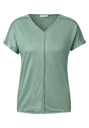Short-sleeve, V-neck T-shirt in soft, muted green fabric. Features rolled cuffs and a central seam detail, polyester blend for comfort.