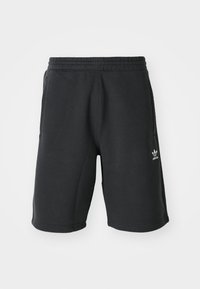 Black jersey shorts with an elastic waistband, side pockets, and white Adidas logo on the lower left. Soft fabric and knee-length cut.