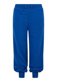 Pantalon de survêtement bleu en tissu doux, avec une taille élastique et des chevilles resserrées. Texture lisse sans motifs ni éléments visibles.
