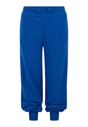 Pantalon de survêtement bleu en tissu doux, avec une taille élastique et des chevilles resserrées. Texture lisse sans motifs ni éléments visibles.