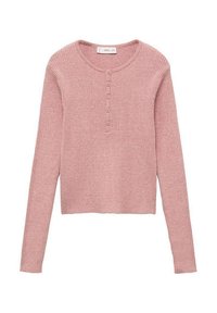 Gestreifter, langärmeliger rosa Pullover mit rundem Ausschnitt und fünfknöpfiger Blende auf der Vorderseite. Weiche Textur und cropped Design.