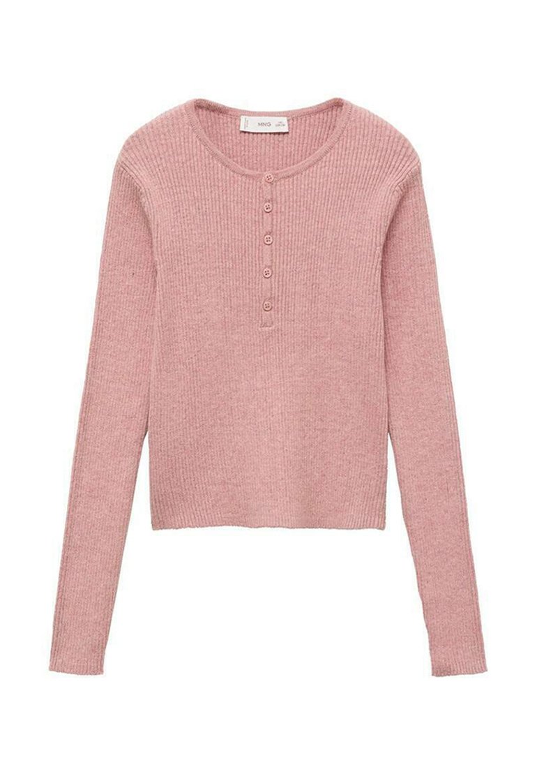 Gestreifter, langärmeliger rosa Pullover mit rundem Ausschnitt und fünfknöpfiger Blende auf der Vorderseite. Weiche Textur und cropped Design.