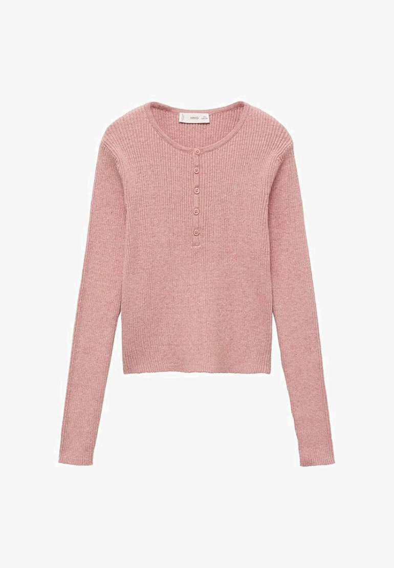 Gestreifter, langärmeliger rosa Pullover mit rundem Ausschnitt und fünfknöpfiger Blende auf der Vorderseite. Weiche Textur und cropped Design.