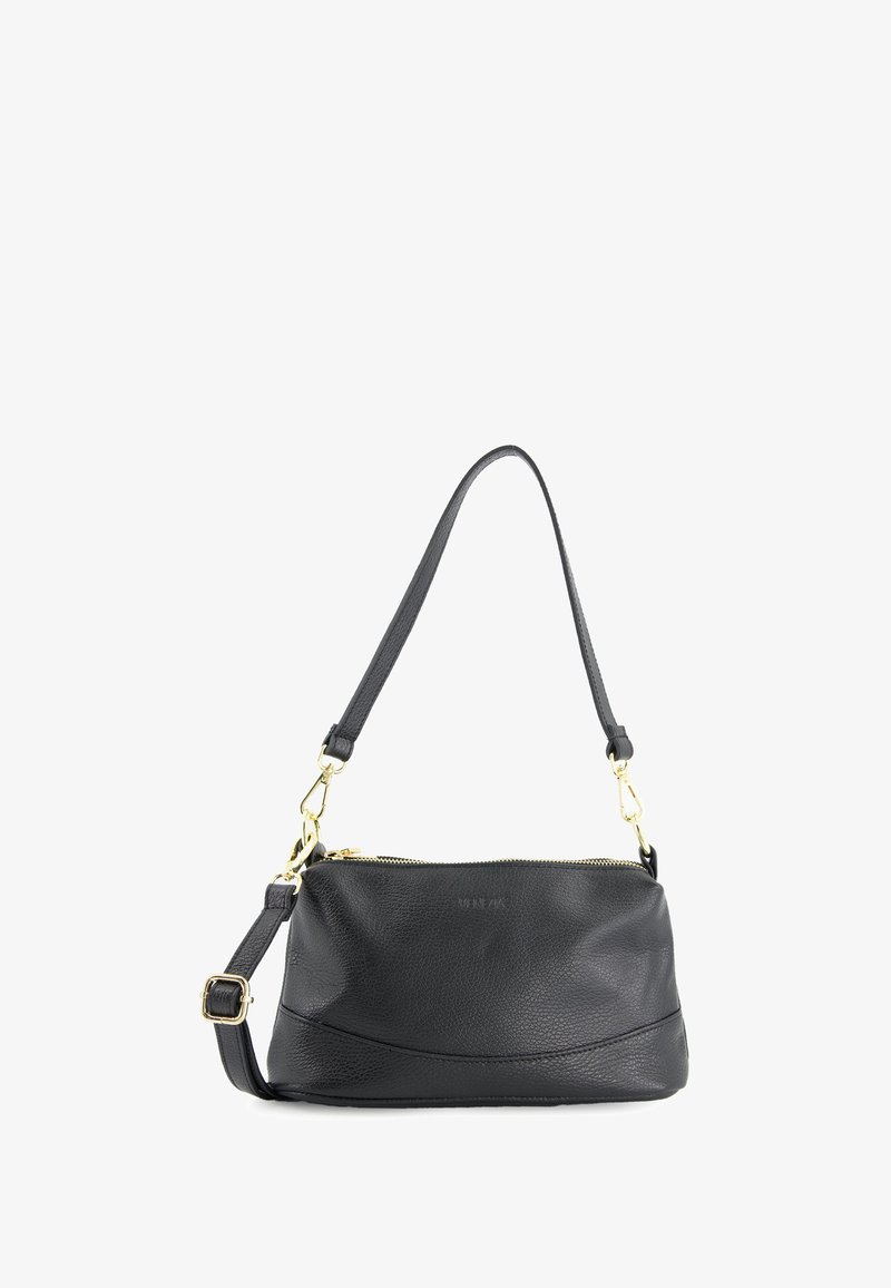 Black leather handbag with a zip closure, textured surface, and adjustable strap. Features gold-tone hardware and a curved design.