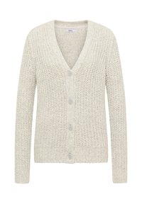 Helles graues Strickcardigan mit V-Ausschnitt, fünf Knöpfen und gerippten Manschetten. Strukturierter Stoff mit einer lockeren, entspannten Passform.