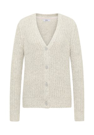 Cardigan a maglia grigia chiara con scollo a V, cinque bottoni e polsini a costine. Tessuto testurizzato con una vestibilità ampia e rilassata.
