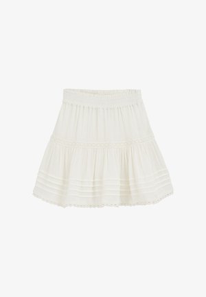 Gonna bianca di cotone con un design a strati, caratterizzata da una vita arricciata, una texture arricciata e un orlo ondulato con rifiniture decorative.