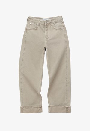 Jeans beige cropped à jambes droites avec ourlets retroussés, fermeture à boutons et zip sur le devant, et style à cinq poches.