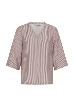 Lühikeste varrukatega roosa triibuline särk V-kaelusega, millel on vertikaalsed punased ja valged triibud, kerge kangas ja mugav lõige.