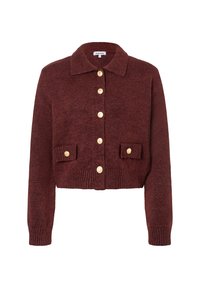 Knopfverschluss, verkürzter Cardigan in dunklem Maroon-Strick mit Kragen, langen Ärmeln, geripptem Saum und zwei kleinen vorderen Taschen mit goldenen Knöpfen.