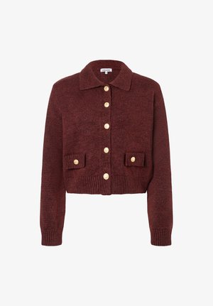 Button-up cropped cardigan in dark maroon knit with collar, long sleeves, ribbed hem, and two small front pockets with gold buttons.