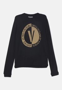 Zwarte katoenen trui met een ronde halslijn, voorzien van een gouden Versace-logo in het midden en geribde manchetten en zoom.