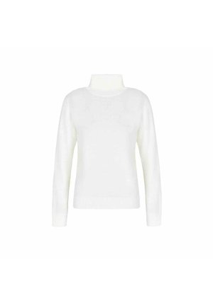 Maglione bianco a maniche lunghe con scollatura alta. Caratterizzato da una morbida texture a maglia e orli e polsini a costine. Design semplice e classico.