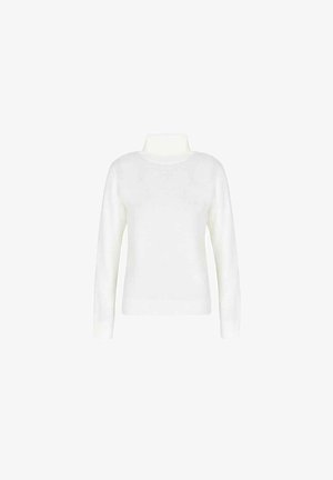 Maglione bianco a maniche lunghe con scollatura alta. Caratterizzato da una morbida texture a maglia e orli e polsini a costine. Design semplice e classico.