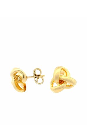 Boucles d'oreilles clous en or torsadé avec un design lisse et arrondi et des fermoirs papillon sur fond blanc.