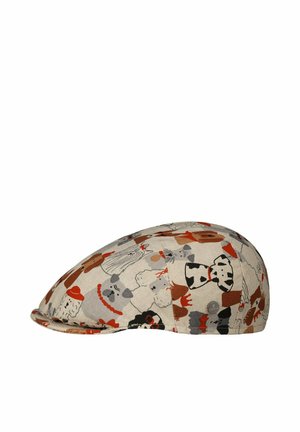 Beige flat cap with colorful cartoon dog faces in brown, orange, gray, and black, viewed from the side on a white background.