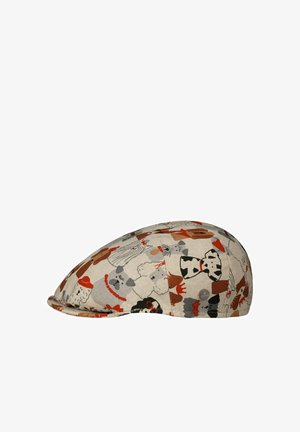 Beige flat cap with colorful cartoon dog faces in brown, orange, gray, and black, viewed from the side on a white background.