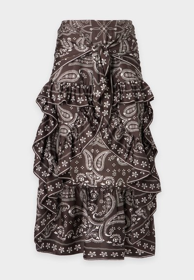 Jupe marron foncé avec imprimé paisley et floral blanc, volants à étages et détail noué à l'avant à la taille.
