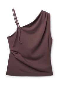 Top asimmetrico a spalla sola in un profondo mauve, realizzato in tessuto liscio. Presenta spalline sottili e regolabili e una texture arricciata su un lato.