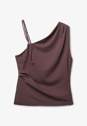 Haut asymétrique à une épaule en mauve profond, fait d'un tissu lisse. Présente des bretelles fines et ajustables avec une texture froncée sur un côté.