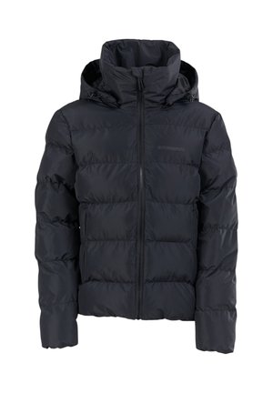 Schwarze, gefütterte Jacke mit Reißverschluss vorne, hohem Kragen und verstellbarem Kapuzenzug. Mit gesteppten Abschnitten und elastischen Bündchen für zusätzliche Wärme.