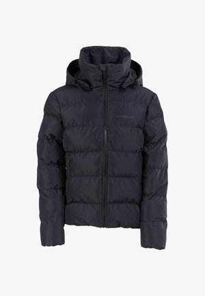 Černá, polstrovaná bunda se zipem v přední části, vysokým límcem a kapucí se stažením. Má prošívané části a elastické manžety pro zateplení.