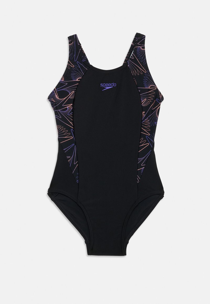 Černé jednocípe plavky s barevnými abstraktními vzory po stranách, vyrobené z elastického materiálu se štíhlými nastavovacími ramínky.