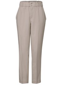 Beige cropped trousers with an elastic waistband, two front pockets, and a smooth texture. Features two buttons at the waist.