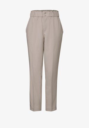 Pantaloni cropped beige con vita elasticizzata, due tasche frontali e una texture liscia. Presentano due bottoni in vita.