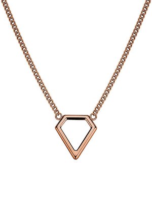 Collier chaîne en or rose avec un pendentif creux, géométrique en forme de diamant au centre.