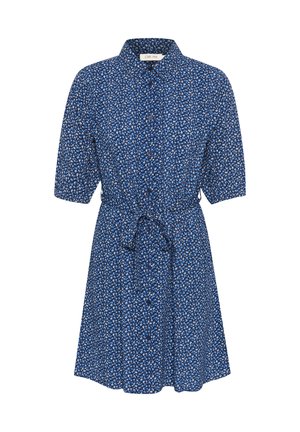 Knappklänning i marinblått blommönster. Korta ärmar, knytmidja, knälång med en slät yta. Har en krage och framknappar.