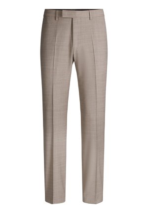 Beige, maßgeschneiderte Herrenanzughose mit Seitentaschen, vorderen Falten, Gürtelschlaufen und einem schlanken Schnitt.