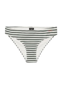 Dryžuota bikini kelnaitė, puošta žaliais ir baltais horizontaliais raštais, su lygiu paviršiumi ir logotipo lipduku ant juosmens.
