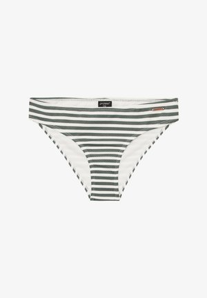 Parte inferiore di bikini a righe con linee orizzontali verdi e bianche, una texture liscia e una toppa con logo sulla vita.