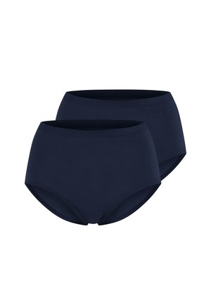 Set di intimo a vita alta di color blu navy, caratterizzato da una texture liscia e un elastico in vita, progettato per comfort e copertura. Include due pezzi.