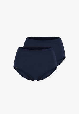 Navyblaue hochtaillierte Unterhose mit glatter Textur und elastischem Bund, entworfen für Komfort und Bedeckung. Zwei Teile enthalten.