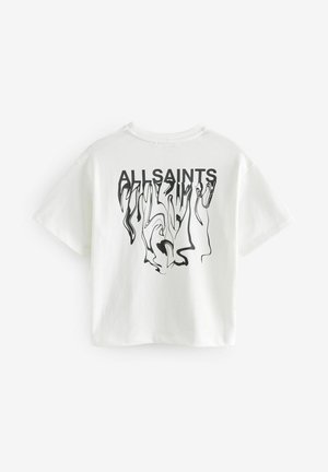 T-shirt en coton blanc avec des manches courtes, un col rond, et un design en ligne noire avec le texte "ALLSAINTS" imprimé au dos.