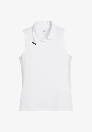 PUMA bezrukávový polo tričko v bielej farbe, s čiernym logom, golierom a štruktúrovanou tkaninou. Navrhnuté pre pohodlie a pohyb pri aktivitách.