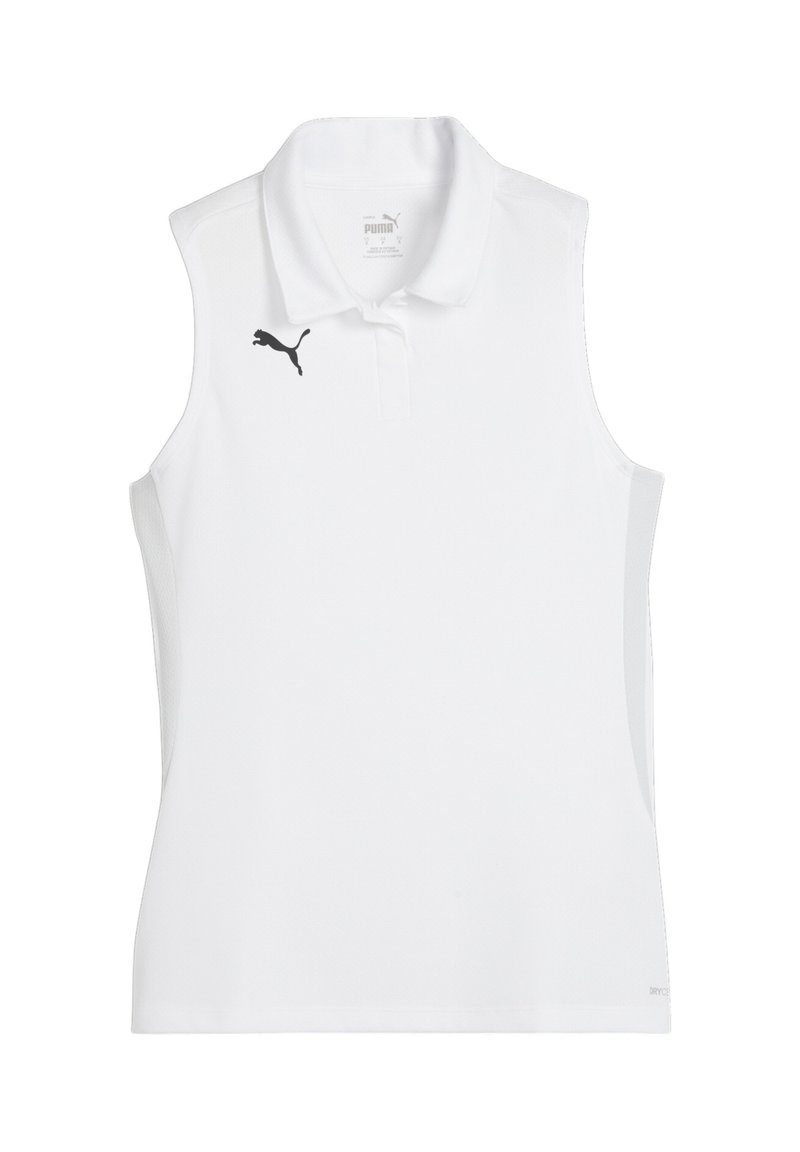 PUMA brezrokavna polo majica v beli barvi, z črnimi logotipi, ovratnikom in teksturirano tkanino. Oblikovana za udobje in gibljivost med aktivnostmi.