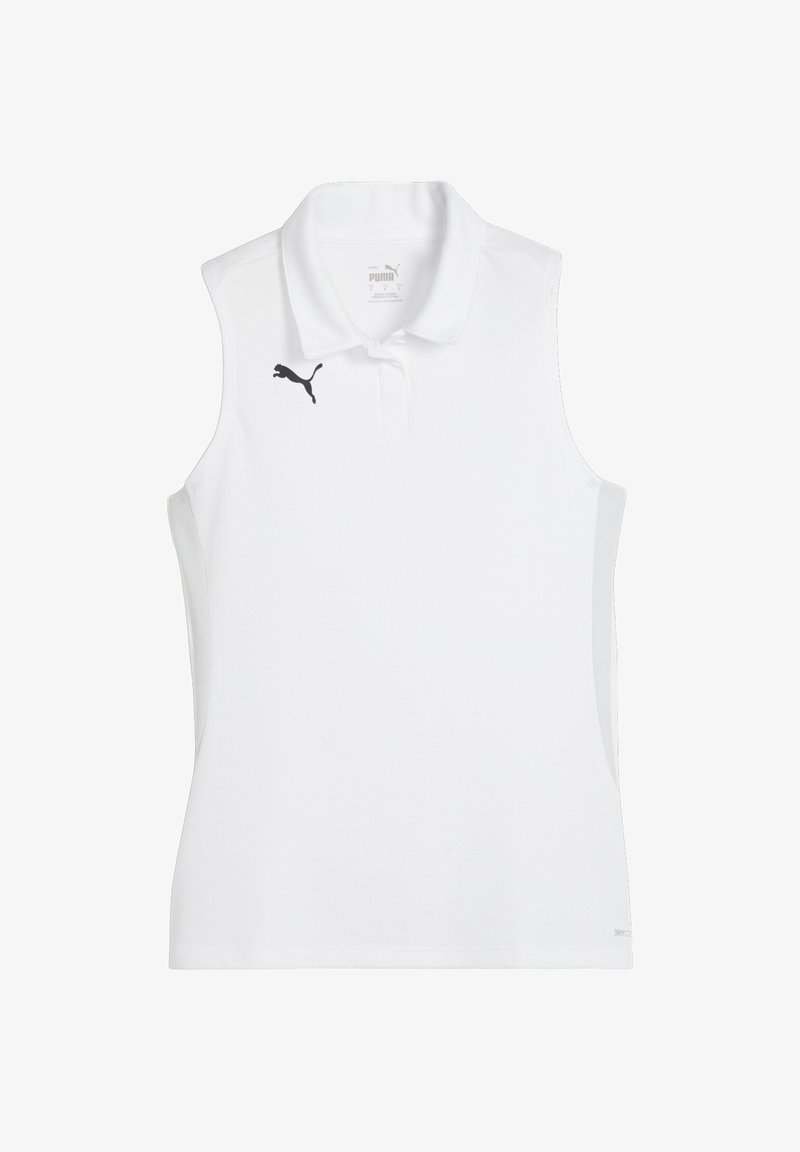 PUMA brezrokavna polo majica v beli barvi, z črnimi logotipi, ovratnikom in teksturirano tkanino. Oblikovana za udobje in gibljivost med aktivnostmi.