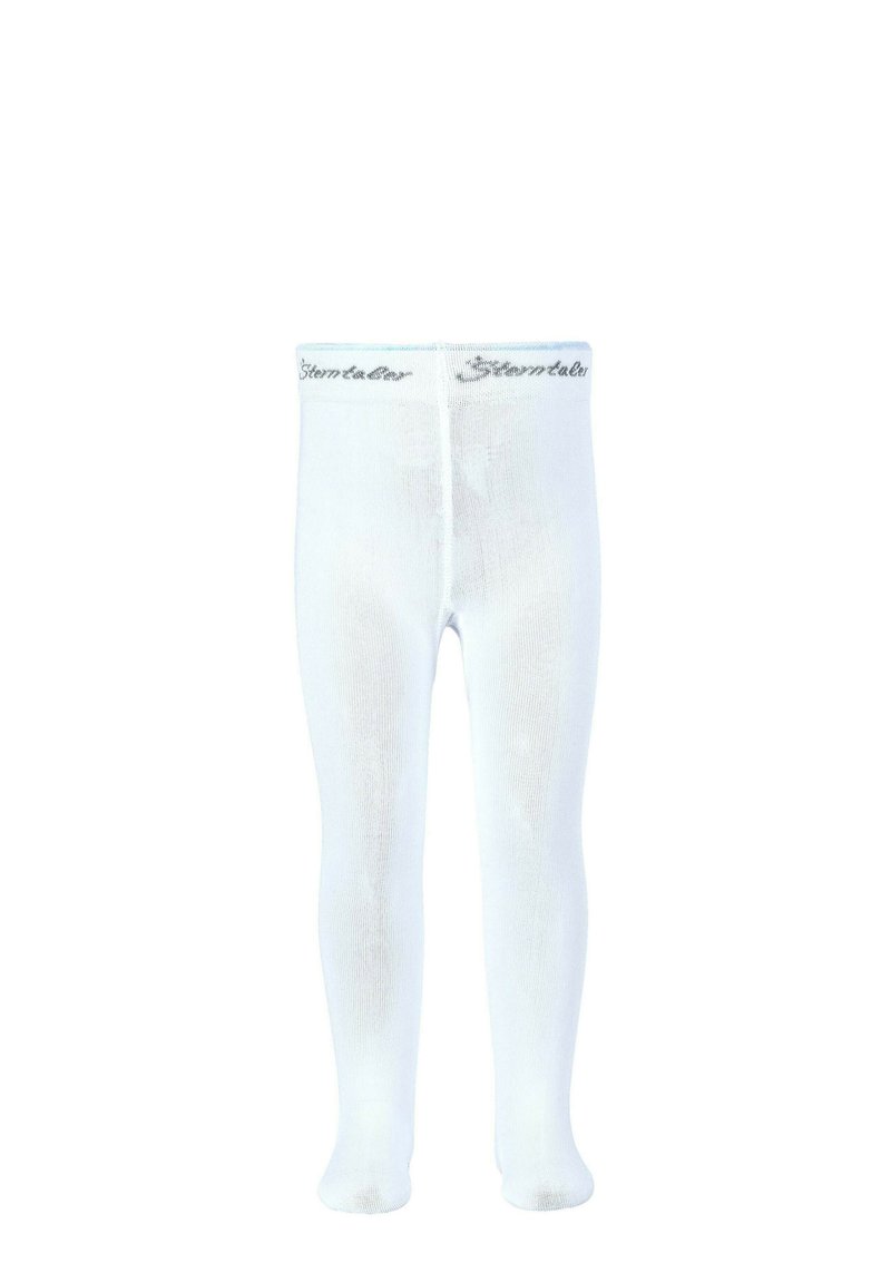 White tights with a smooth texture, featuring a logoed waistband and a classic, full-coverage design for legs and feet.