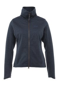 Zipperová bunda vyrobená z tmavě modrého fleecového materiálu. Má vysoký límec a dlouhé rukávy s bočními kapsami. Jednoduchý design, bez vzorů.