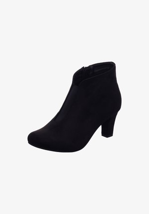 Schwarze Knöchelstiefel mit einer glatten, samtartigen Textur, spitzer Zehenform und einem Blockabsatz von mittlerer Höhe. Verfügt über ein elegantes seitliches Ausschnittdesign.