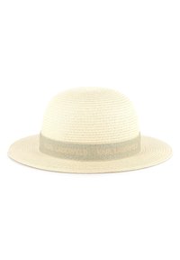 Breedgerande hoed van geweven natuurlijk stro met een ronde kroon; heeft een beige band met de tekst "KARL LAGERFELD".