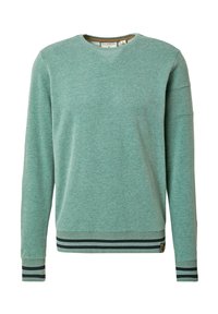 Sudadera verde fabricada en un tejido suave, con cuello redondo, puños acanalados y un dobladillo a rayas con colores contrastantes. Diseño sencillo.