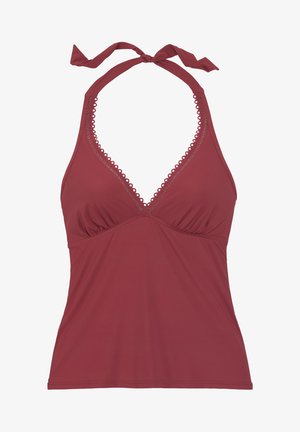 Bordeaux halter nek zwemtop met een diepe V-halslijn, geplooide buste en geschulpt kant langs de halslijn en onderbuste. Gladde textuur.