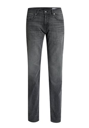 Graue Jeans aus Denim mit geradem Schnitt, ausgestattet mit Fronttaschen, einem Reißverschluss und dezenter Ausbleichung. Das Material hat eine glatte, mittelschwere Textur.