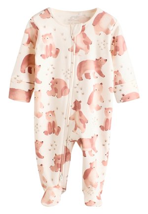 Detské body s dlhým rukávom v krémovej farbe, zdobené hravým motívom medveďa v jemných ružových odtieňoch. Má predný zips a nohavice s nožičkami pre teplo.