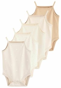 Set aus fünf Baby-Bodysuits in Beigetönen. Merkmale sind dünne Träger, weicher Baumwollstoff, Punkte- und Blumenmuster sowie Druckknopfverschlüsse.
